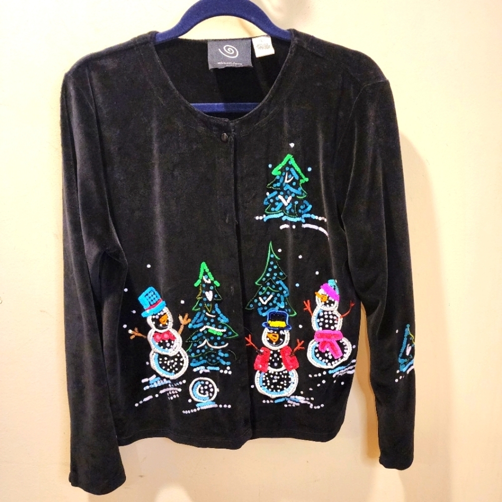Michael Simon Event Vintage Festive Black Velvet Cardigan with Snowman Size L